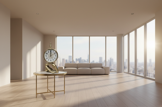 Decorative wall clock with gold hands and detailed face on a white wall.