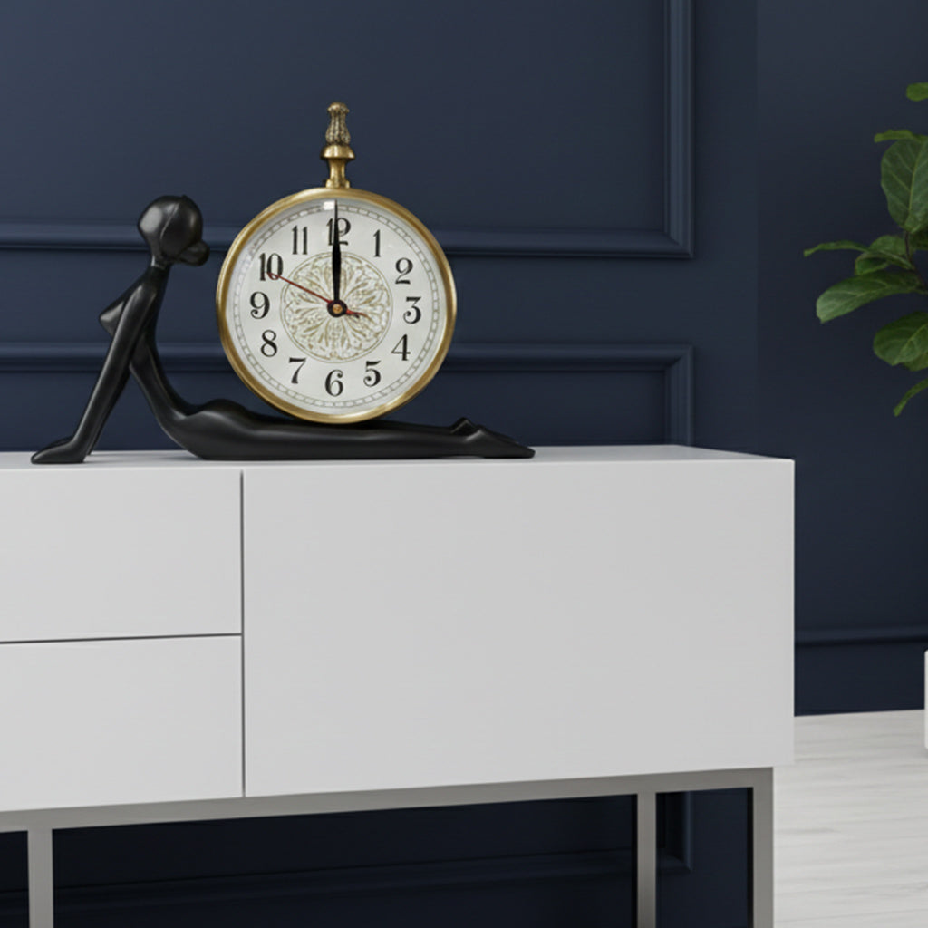 Black Base Brushed Metal Yoga Table Clock - Cobra Pose - Desk Decor