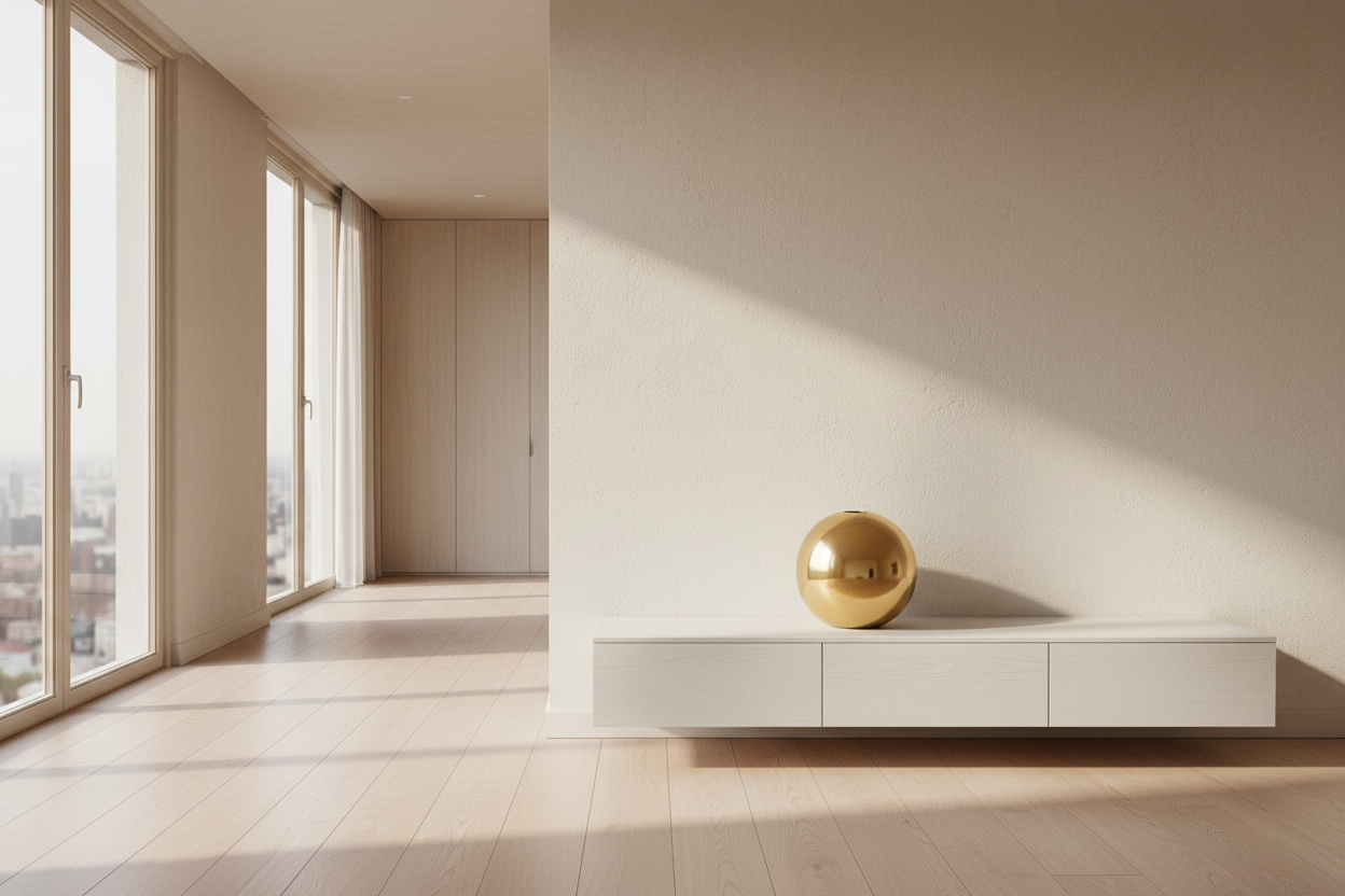 Decorative spherical object with ribbed texture on a blue surface