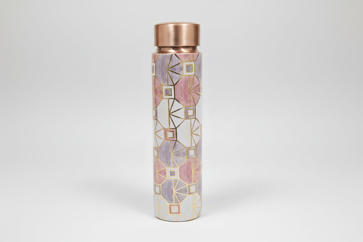 Decorative water bottle with geometric pattern and metallic accents on a tiled background