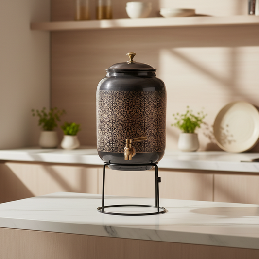 Decorative ceramic container on a kitchen counter with sunlight streaming in