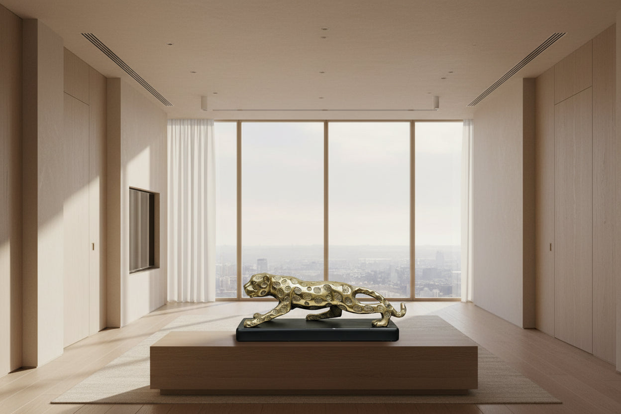 Decorative gold panther design on a black and white clock