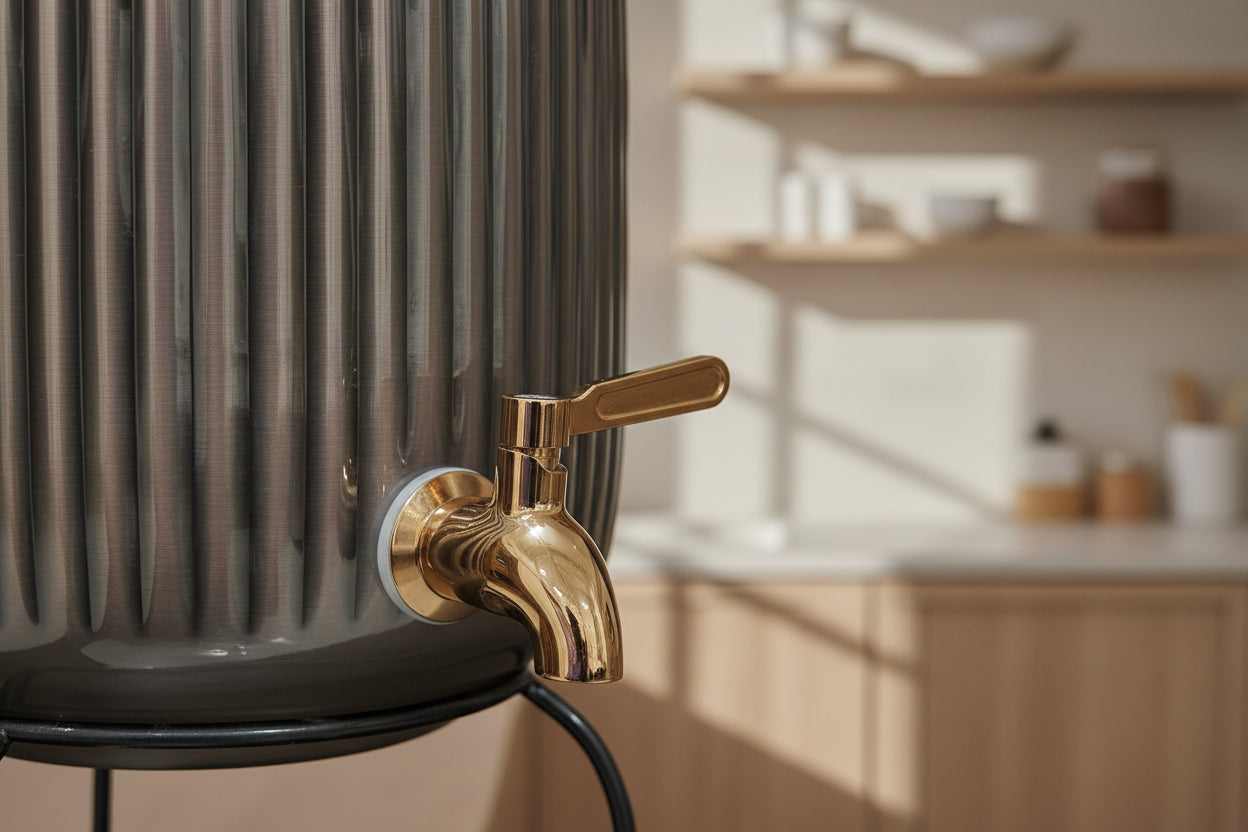 Decorative metal water container with ribbed design and brass valve on a wooden surface
