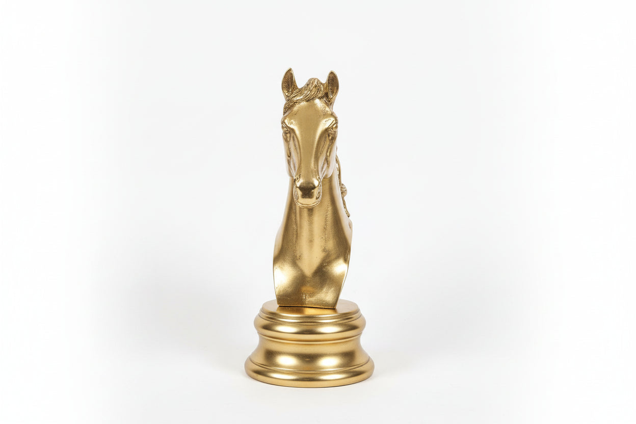 Gold horse head wall mount on a marble wall