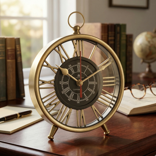 Decorative clock on a wooden surface with books and a globe in the background