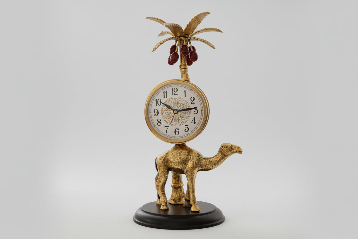 Decorative clock with camel and palm tree design in a living room setting