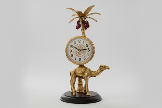 Decorative clock with camel and palm tree design in a living room setting