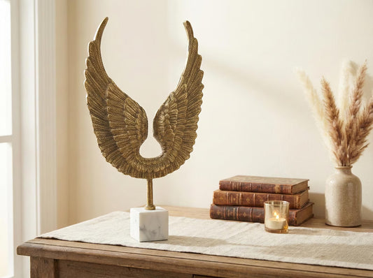 Angel Wings Statue | White Marble Base, Spiritual Decor