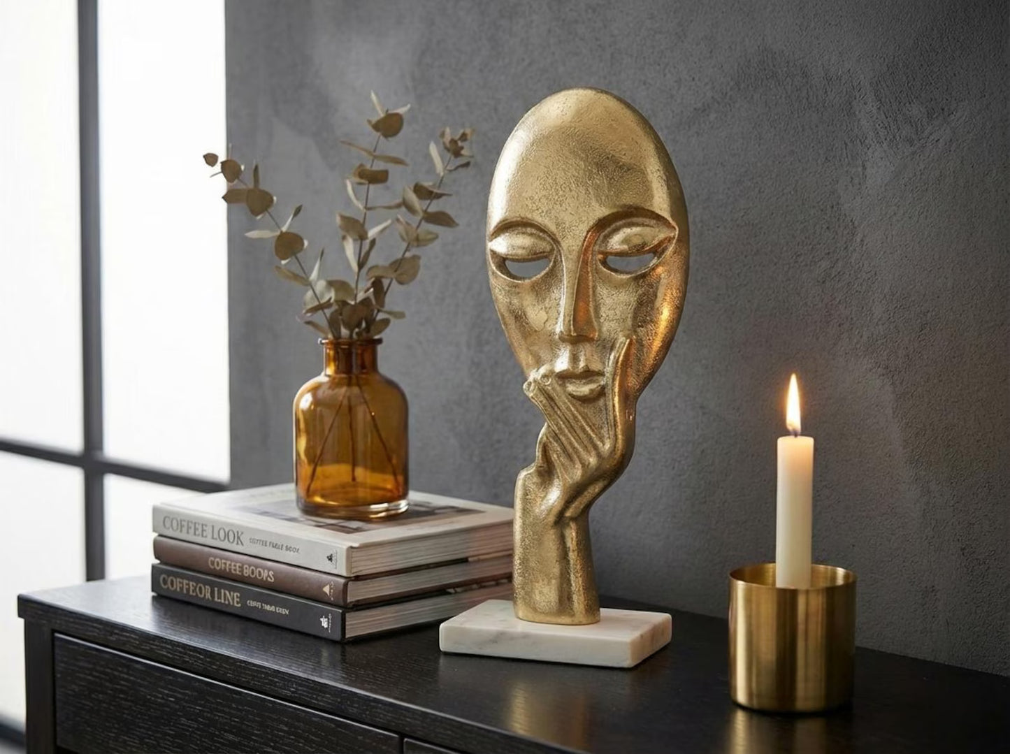 Abstract Face Sculpture - Gold Thinker Statue, Marble Base