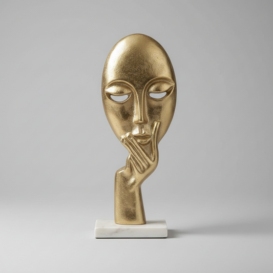 Decorative gold mask sculpture on a table with books and a candle