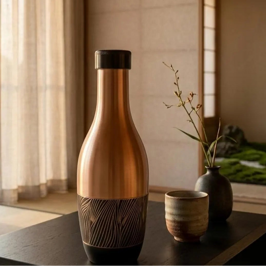 Copper bottle on a table with a serene room background
