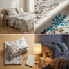 Bedding set with floral pattern in a bedroom setting, close-up of fabric texture, and pillows on a bed.