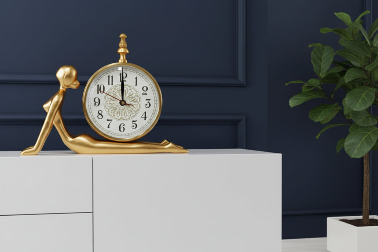 Golden Brushed Metal Yoga Table Clock - Cobra Pose - Desk Decor