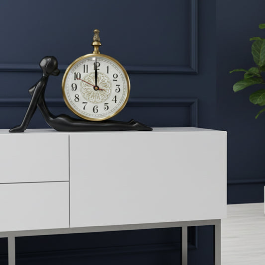 Black Base Brushed Metal Yoga Table Clock - Cobra Pose - Desk Decor